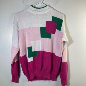 Womens Vintage Aurea Mock Neck Sweater Squares Colorblock Pattern S Cotton